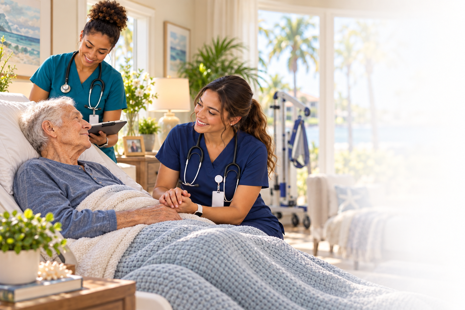 A hospice nurse comforts an older patient at his bedside while another caregiver supports his care